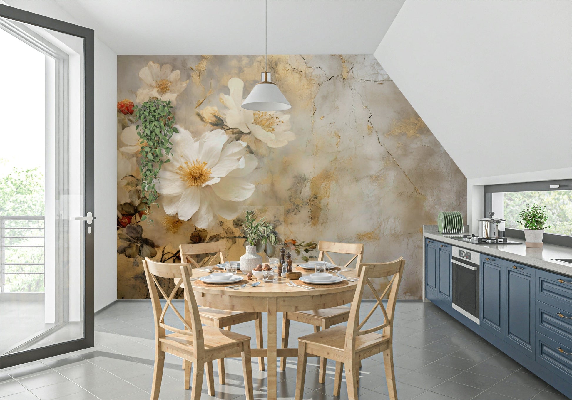 A graceful subtle bloom wall mural in soft, ivory tones.

