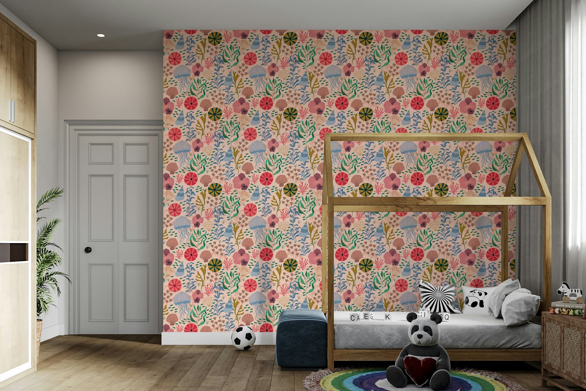 Contemporary room with serene ocean wallpaper

