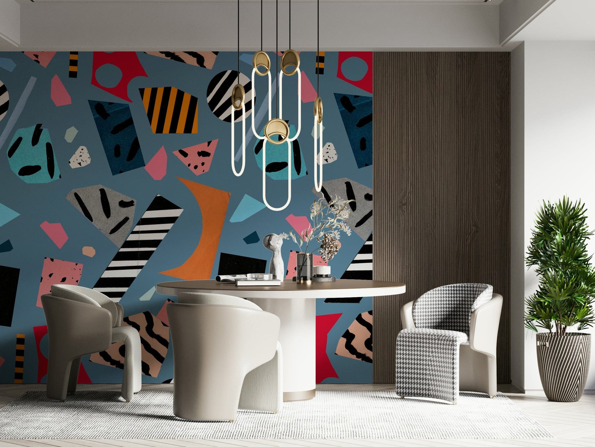 An artistic geometric design mural on minimalist wallpaper.


