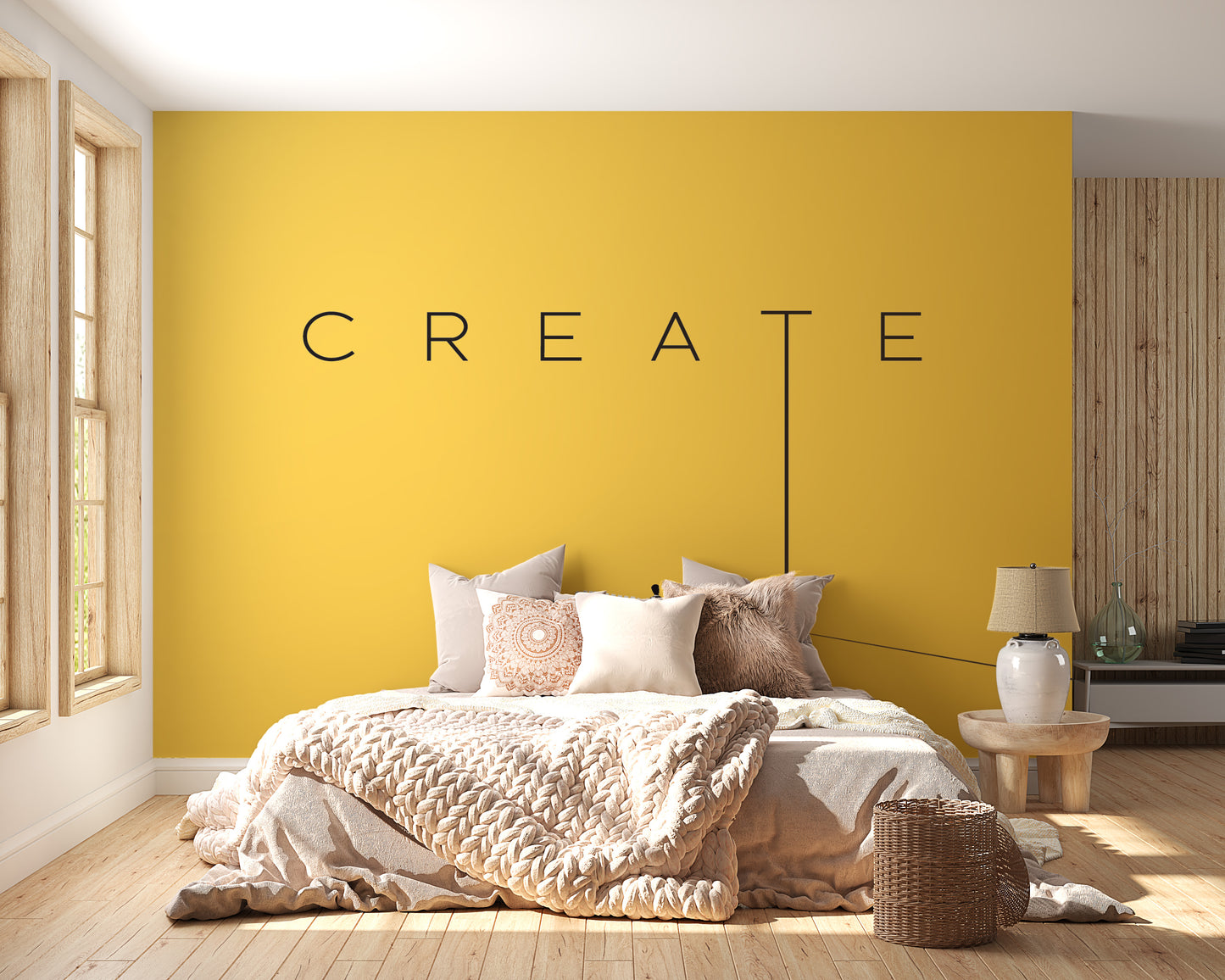 Creative Vision wallpaper mural in yellow above a bed with blush bedding in a sunlit bedroom