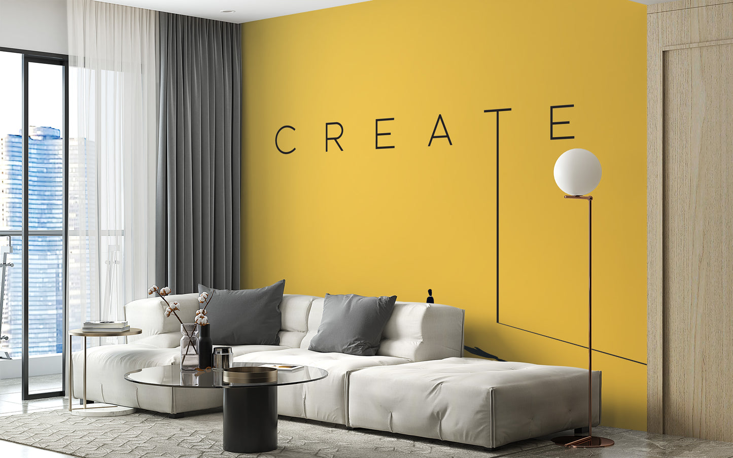 Creative Vision wallpaper mural in yellow behind a white and grey sectional with a globe floor lamp in a living room