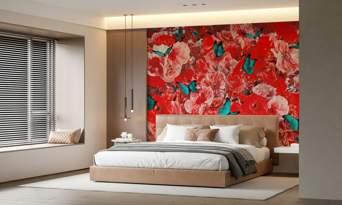 A classic red floral wallpaper for walls.

