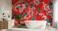 An artistic deep red bloom mural on luxury wallpaper.

