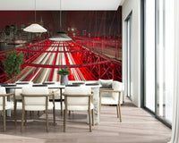Intense urban mural City Lights traffic path red architecture.