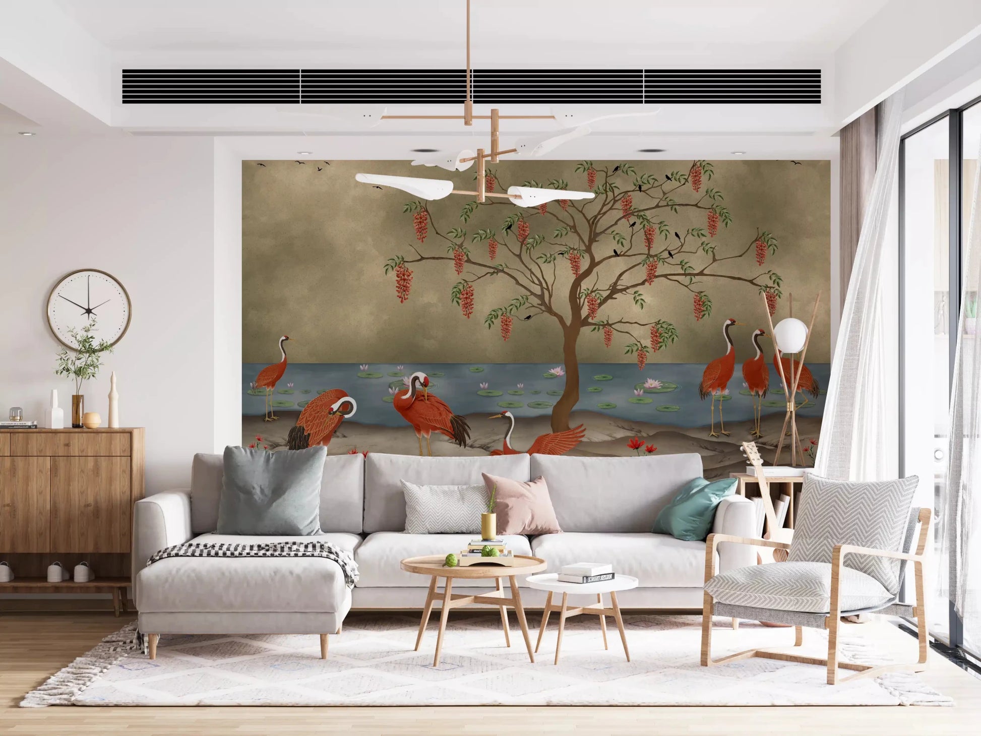 Red cranes stand by the water in this home office wall mural.