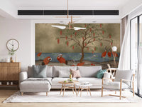 Red cranes stand by the water in this home office wall mural.