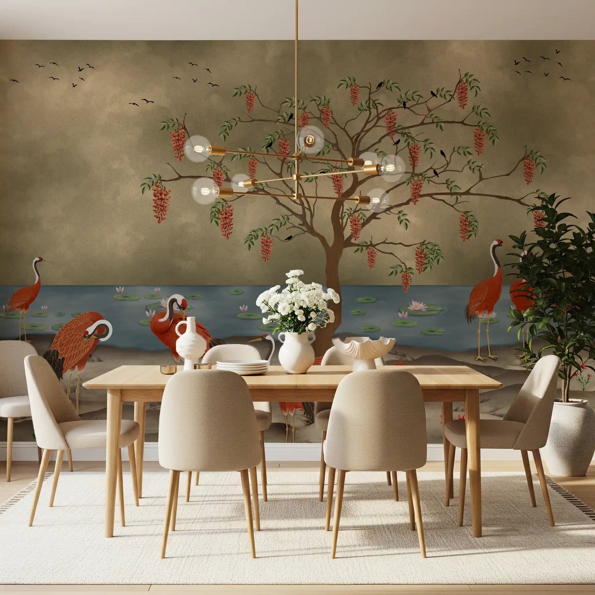 Red cranes gather near a lotus lake on a peaceful Dining Area wall mural.