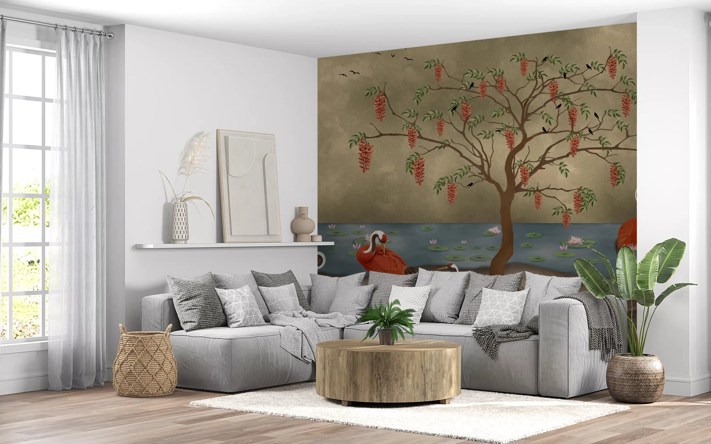 The lotus lake wall mural provides a calming background for a hallway.