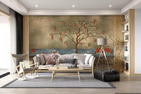 The crimson cranes wall mural completes the look of a entryway.