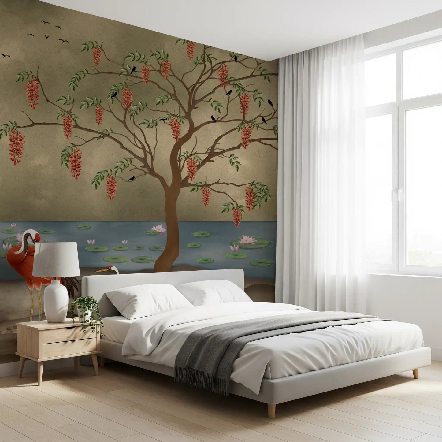 The crimson cranes wall mural updates a Bedroom with a nature theme.