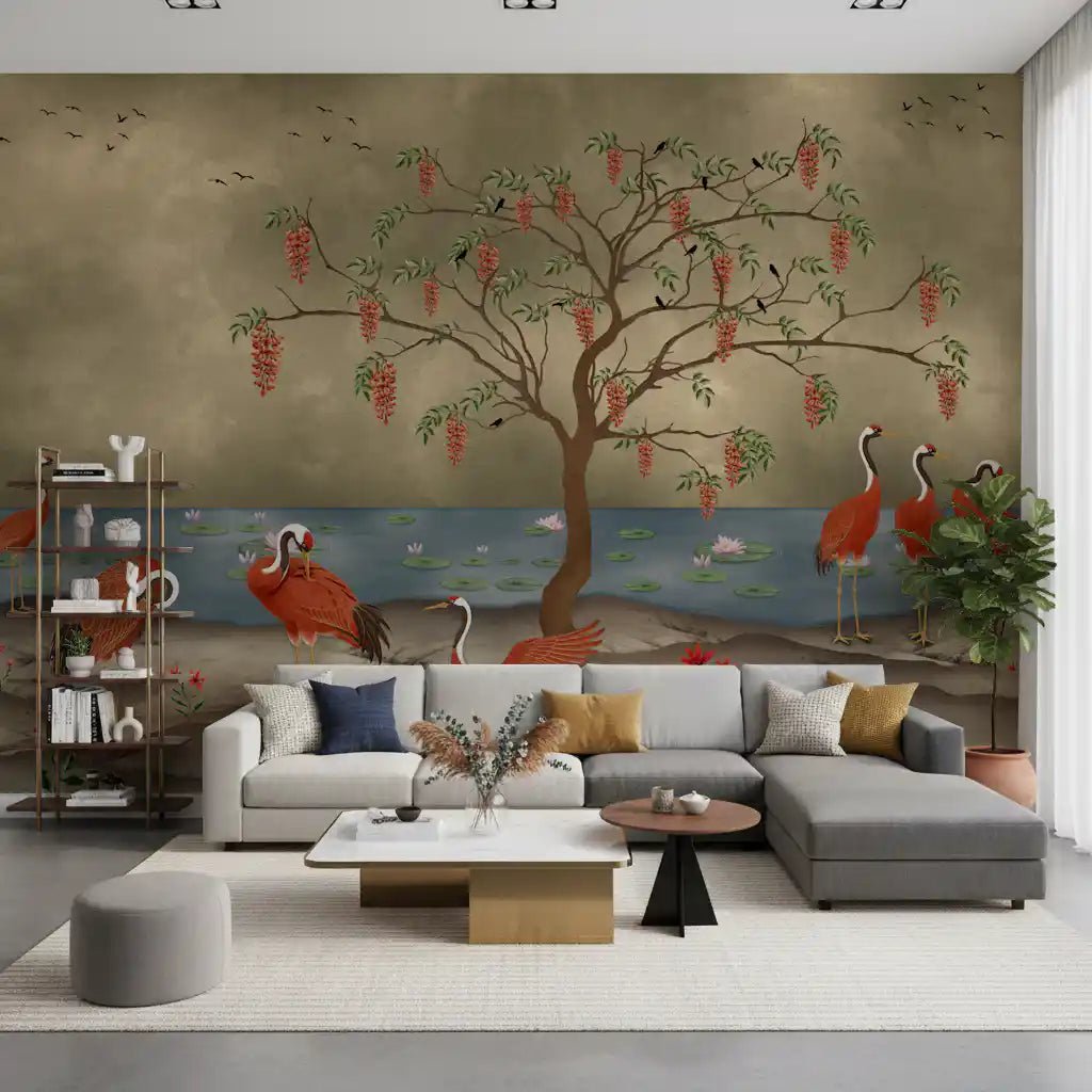 A relaxing living room features the crimson cranes by lotus lake wall mural.