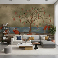 A relaxing living room features the crimson cranes by lotus lake wall mural.