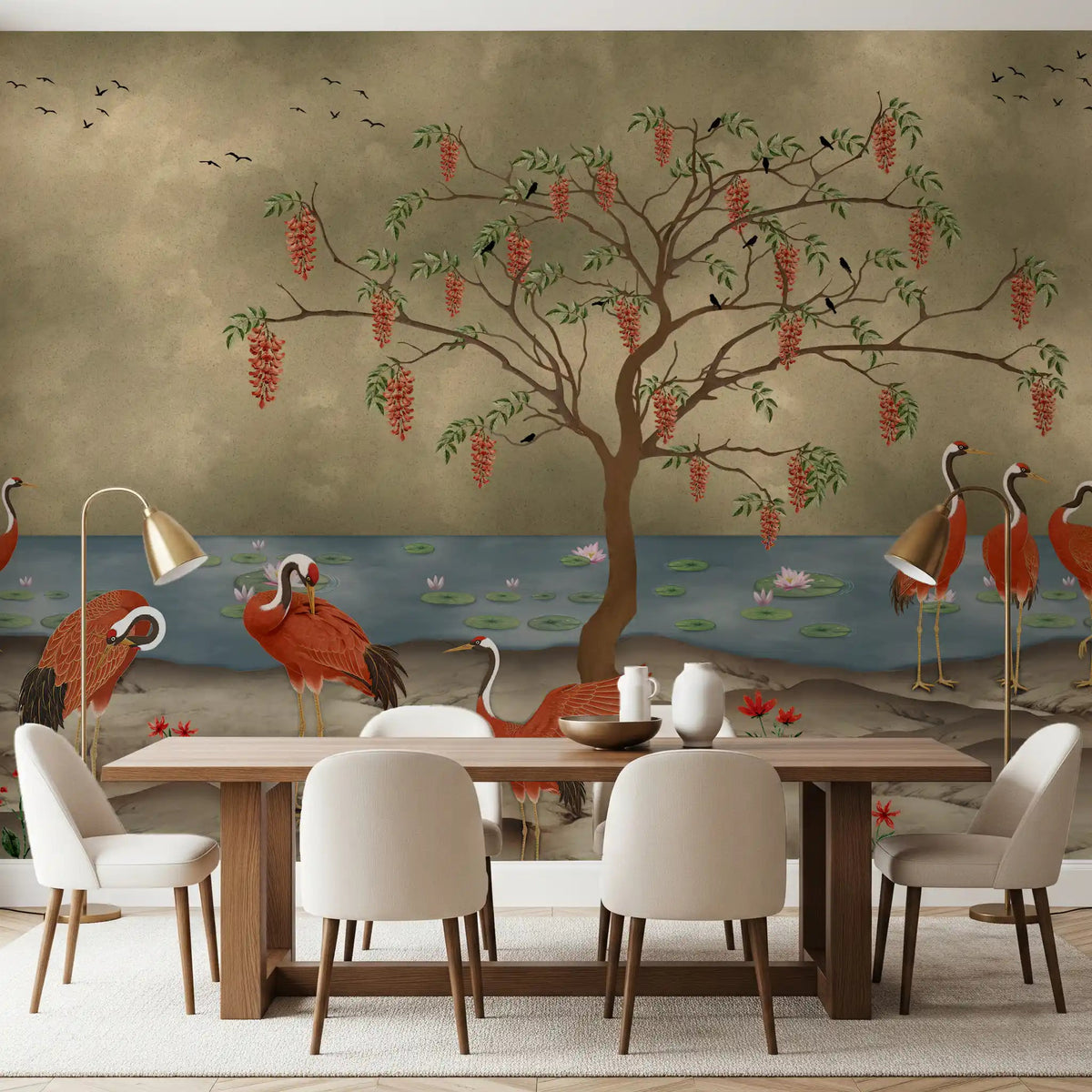 The crimson cranes wall mural creates a focal point in a modern Dining room.