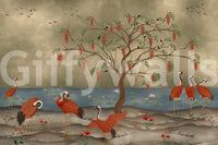 Red cranes stand near the water in this lotus lake wall mural.