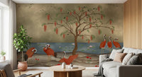 A minimalist living room displays the scenic crimson cranes wall mural.