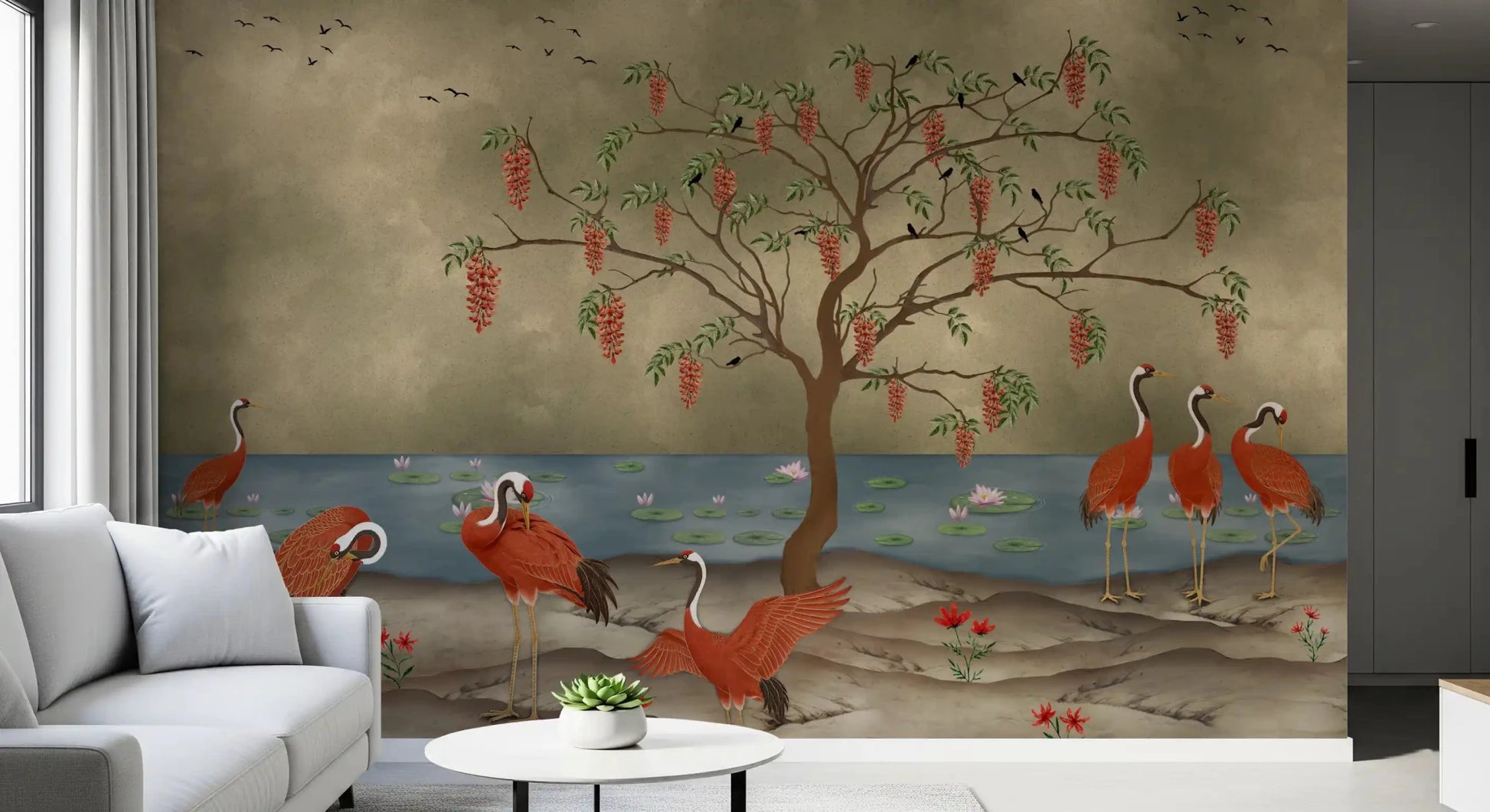 The lotus lake wall mural adds visual interest to a long hallway.