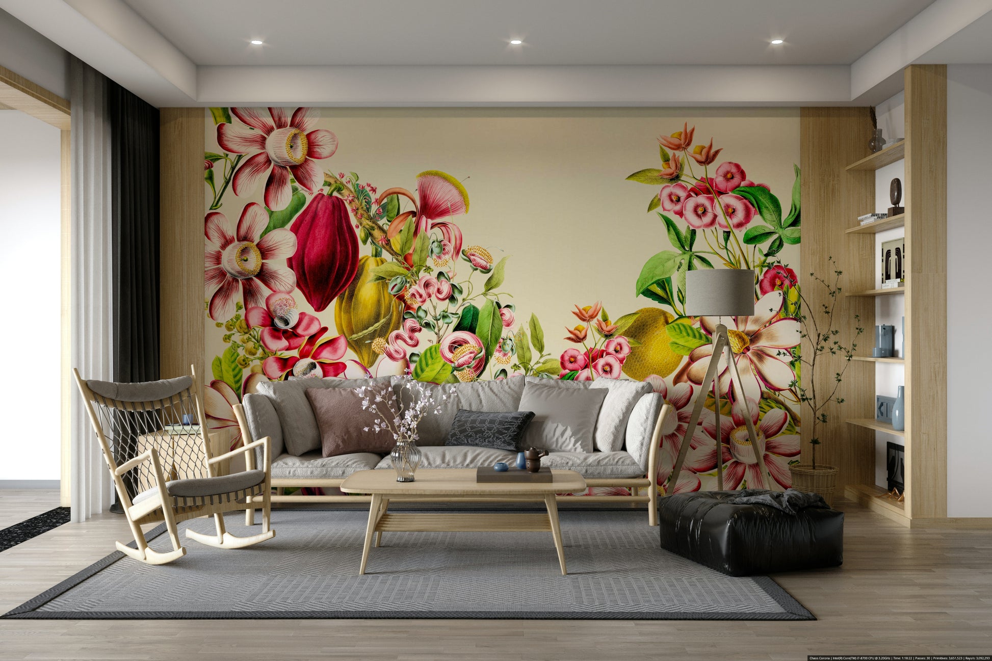 Soft vintage botanical mural for a relaxing, nature-filled space

