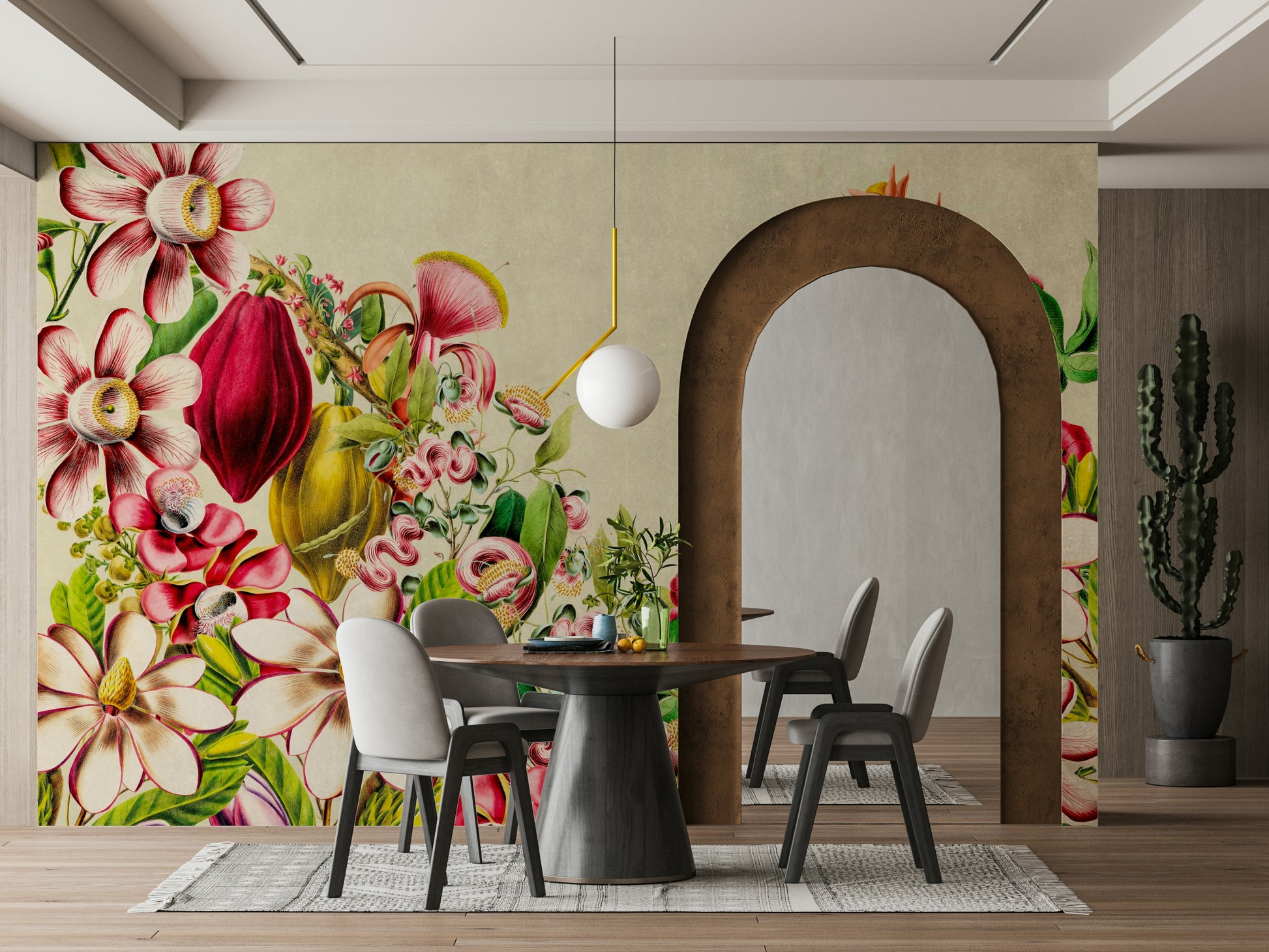 Nature-inspired mural with vintage style botanical patterns

