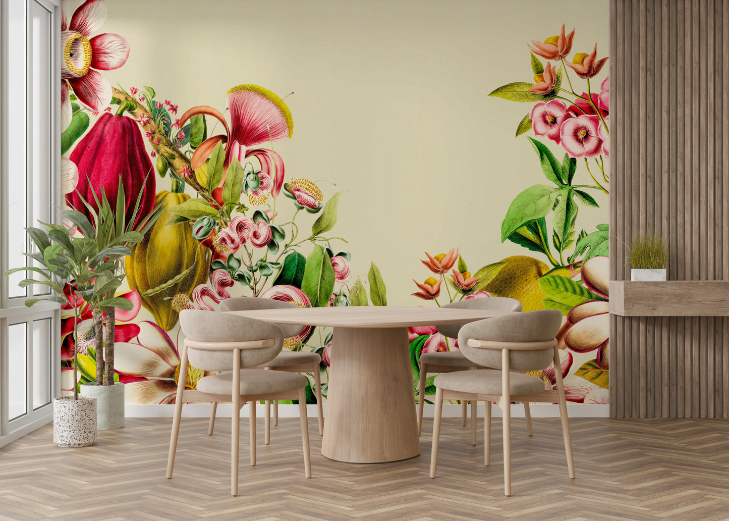 Wall mural with vintage botanical elements and lush plants

