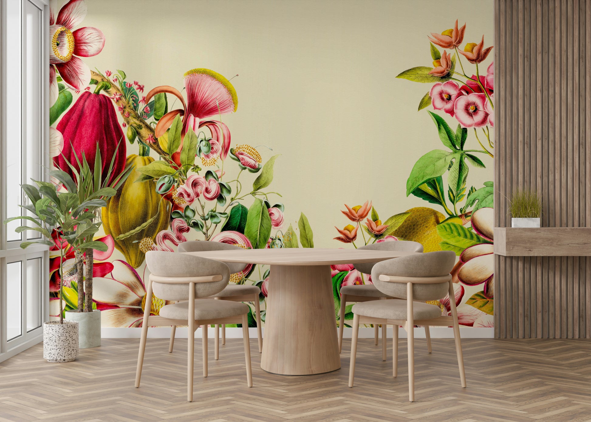 Wall mural with vintage botanical elements and lush plants

