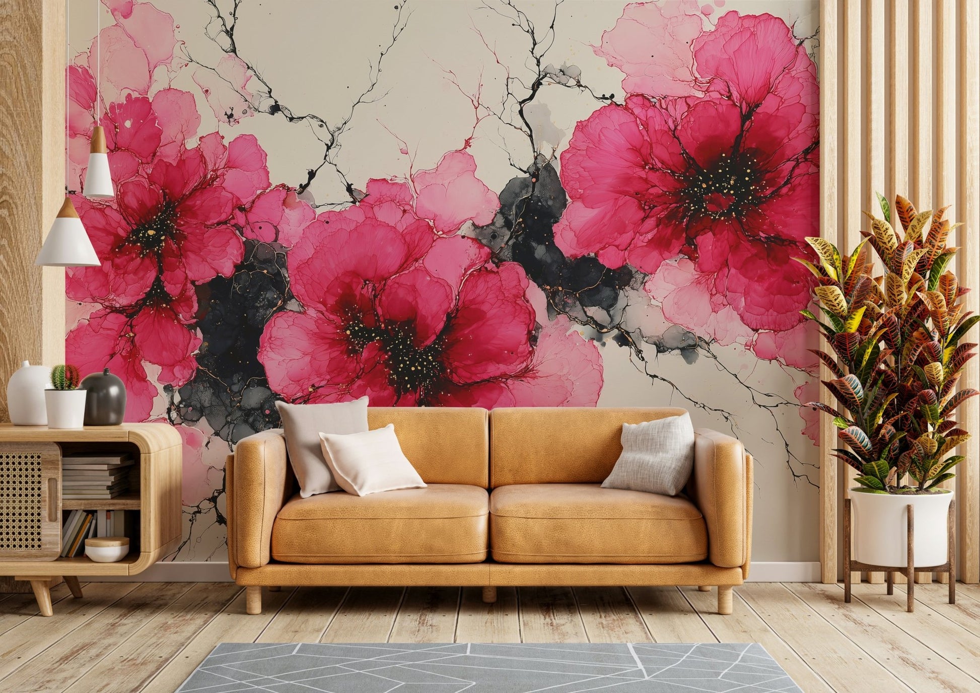 Crimson mural wallpaper in sketch style
