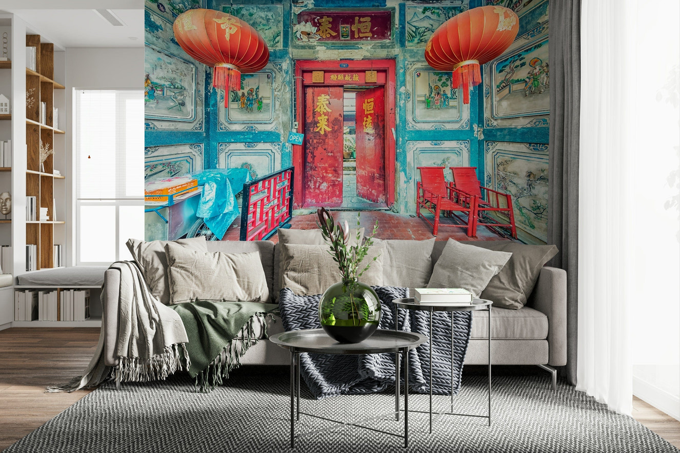 Crimson Lanterns wallpaper for walls featuring vintage oriental doors.