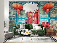 Traditional chinese paper lamps within Crimson Lanterns wall decor.