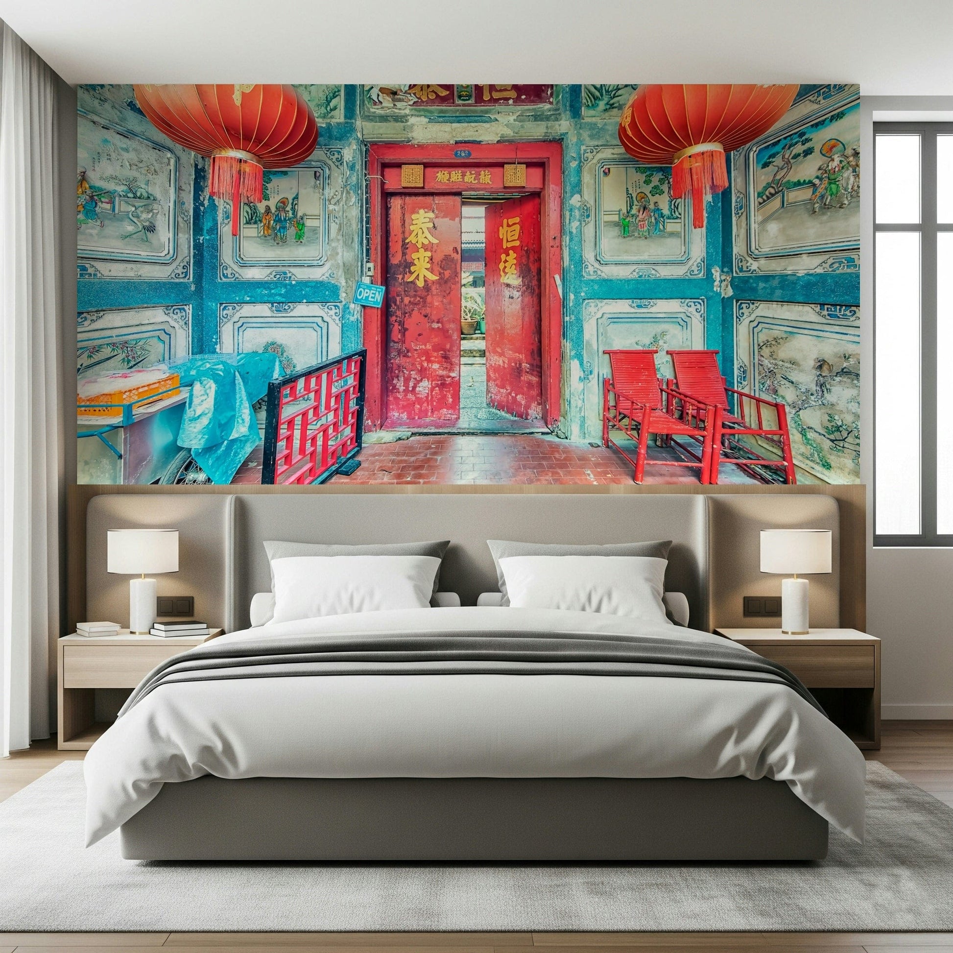 Ornate sanctuary portal view for Crimson Lanterns wall mural.