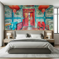Ornate sanctuary portal view for Crimson Lanterns wall mural.