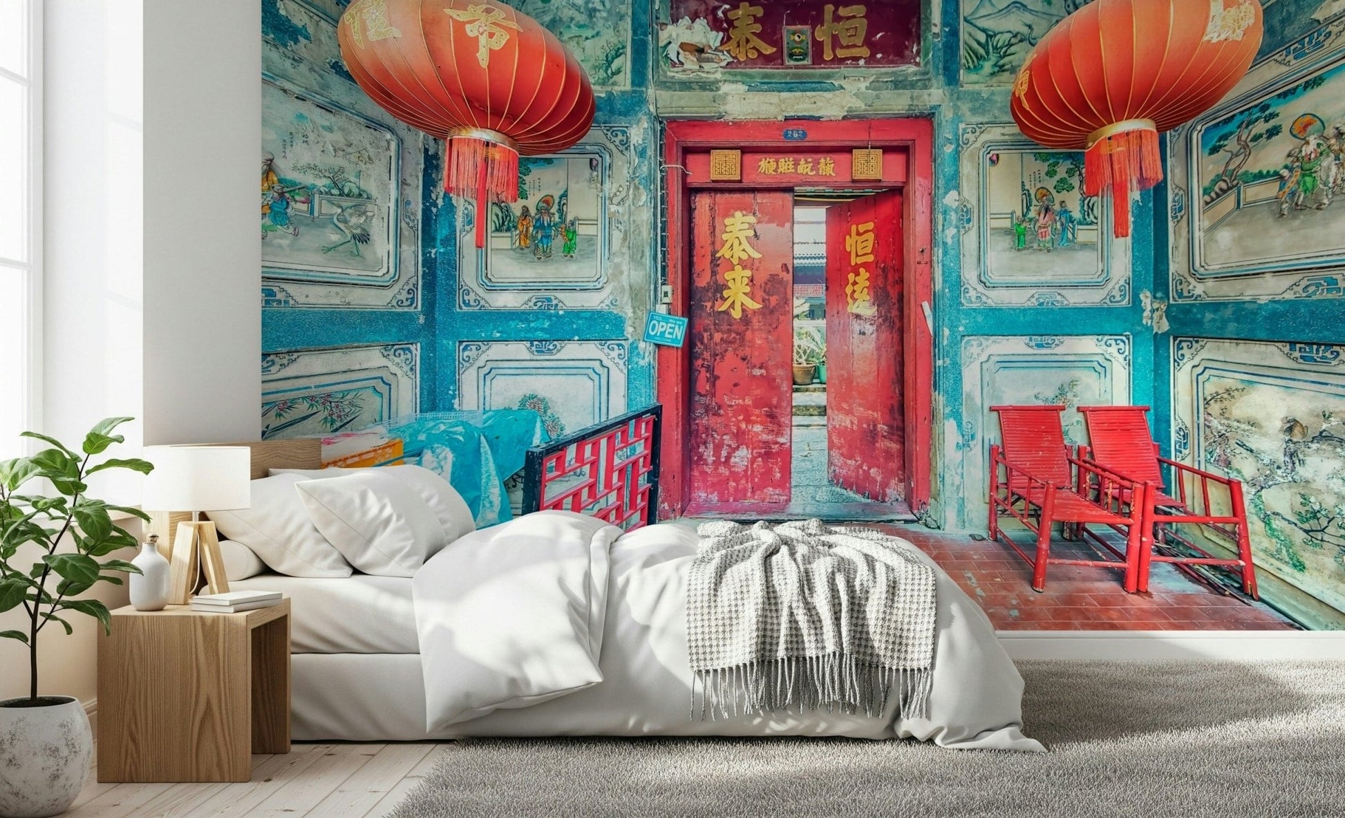 Weathered scarlet doorway depicted in Crimson Lanterns wallpaper.
