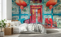 Weathered scarlet doorway depicted in Crimson Lanterns wallpaper.