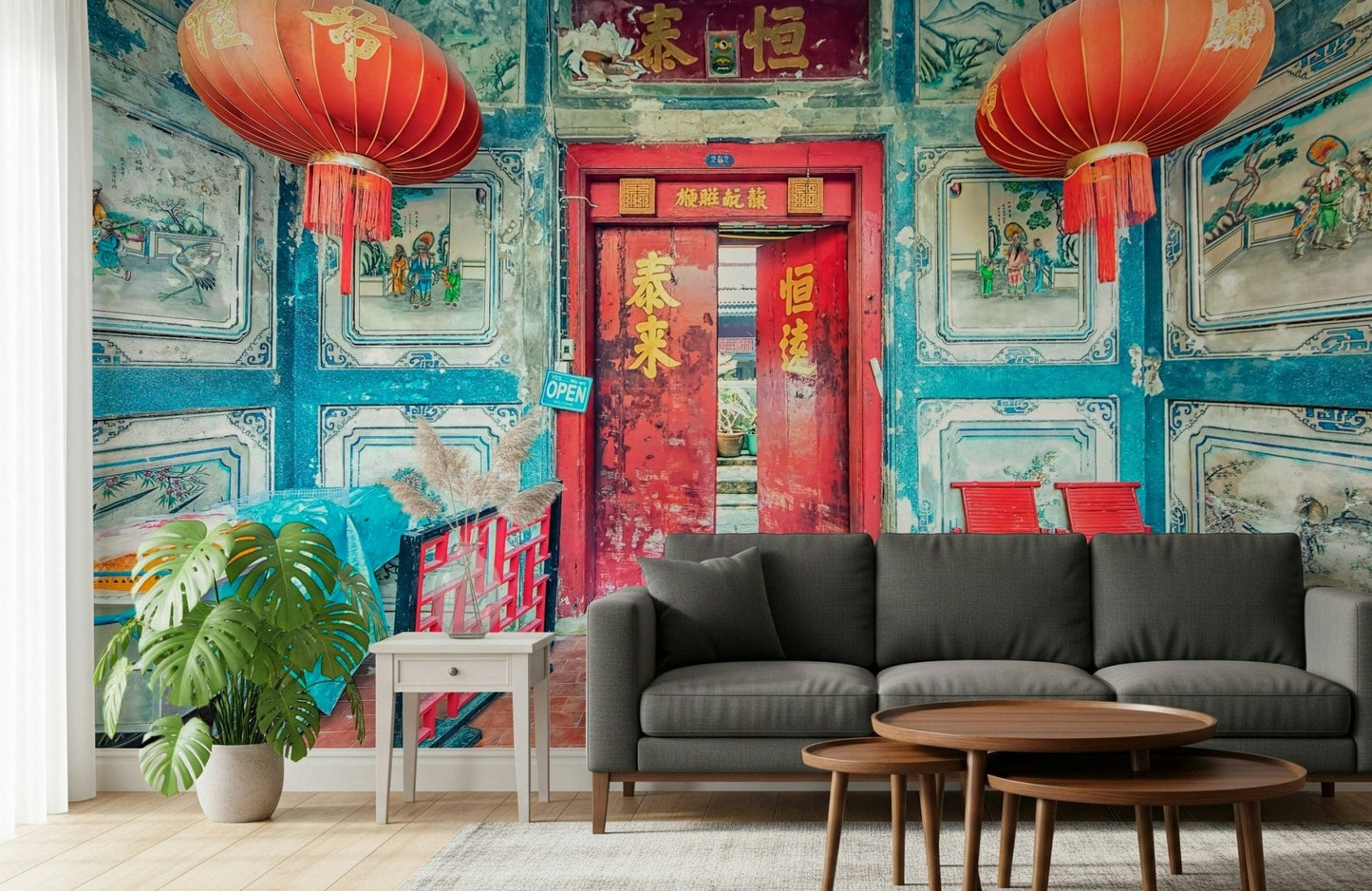 Crimson Lanterns wallpaper with vivid vermillion seating area.