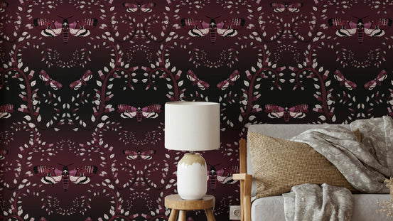 Mural wallpaper featuring moths in mid-flight

