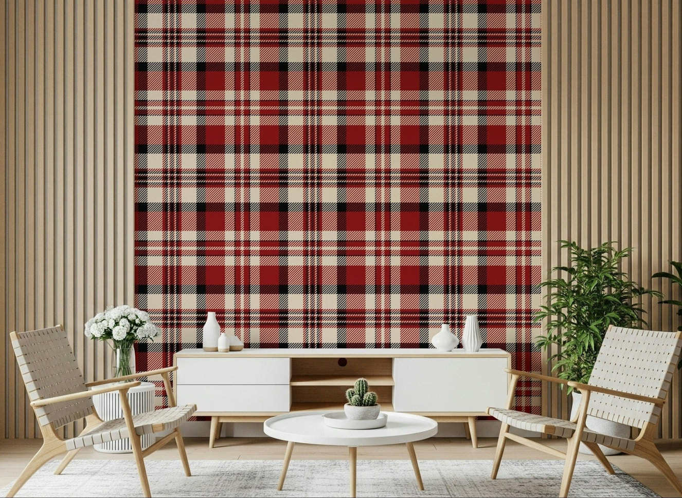 Bold crimson tartan wallpaper for accent walls or full room decoration.