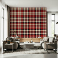 Classic plaid wallpaper in deep red and crimson hues for a sophisticated look.
