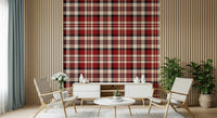 Bold crimson tartan wallpaper for accent walls or full room decoration.
