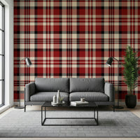 Timeless red plaid wallpaper with intersecting check patterns for stylish interiors.