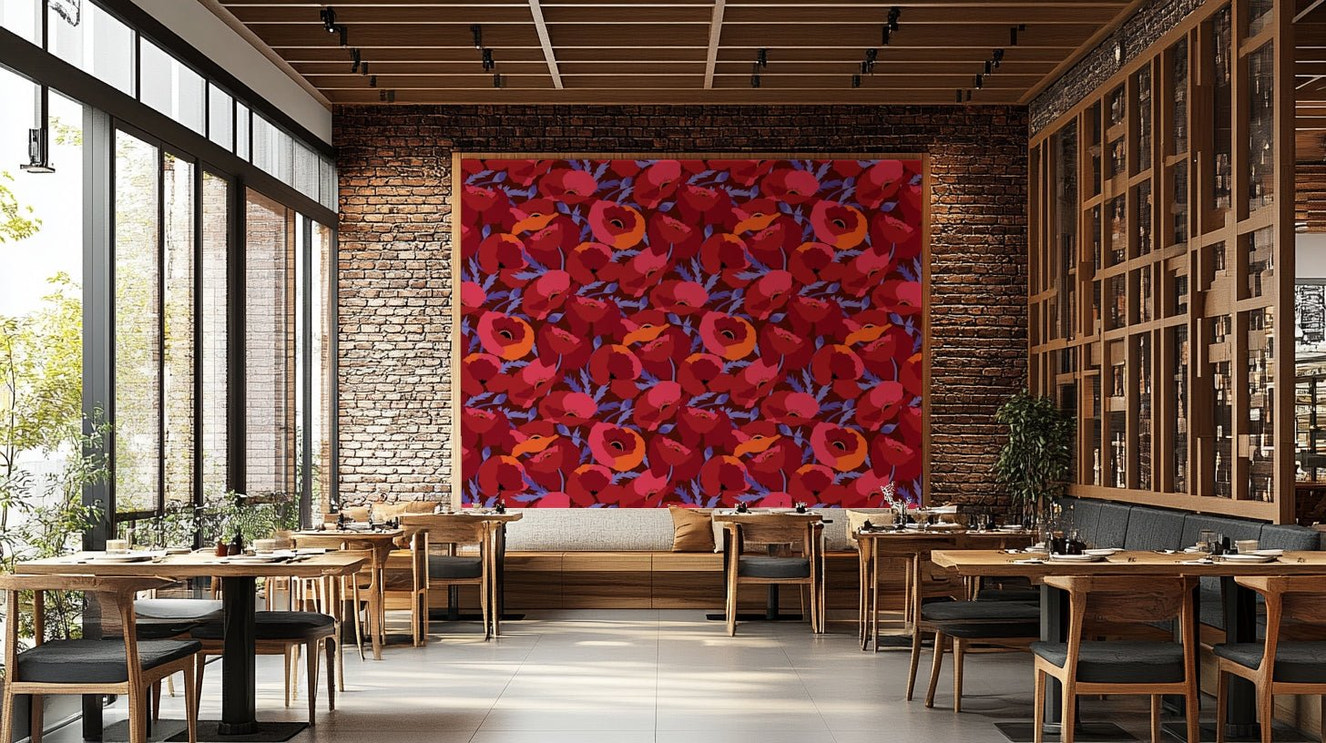 Crimson poppy bloom wall mural with bold florals


