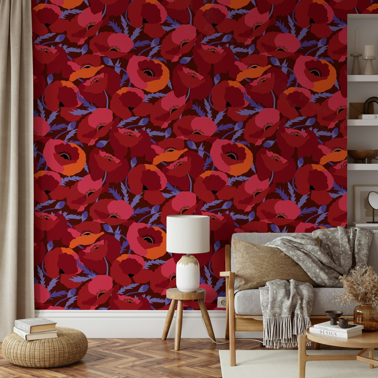 Oversized red poppy flower mural for feature walls

