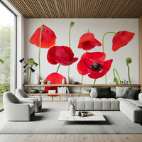 Modern floral art Crimson Poppy Field wallpaper showing distinct red and green contrast.