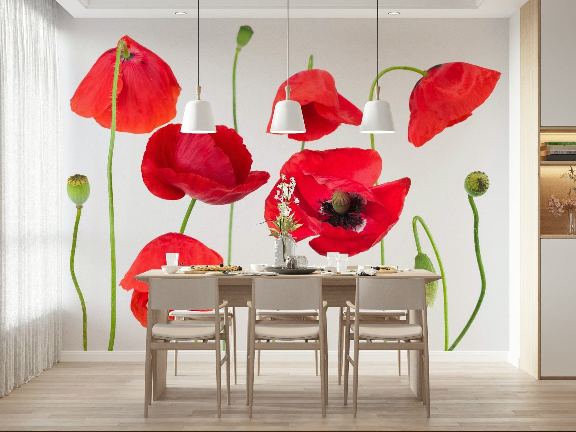 Nature inspired Crimson Poppy Field wallpaper mural creates peaceful atmosphere indoors.