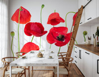 Sophisticated floral design Crimson Poppy Field wallpaper for walls.
