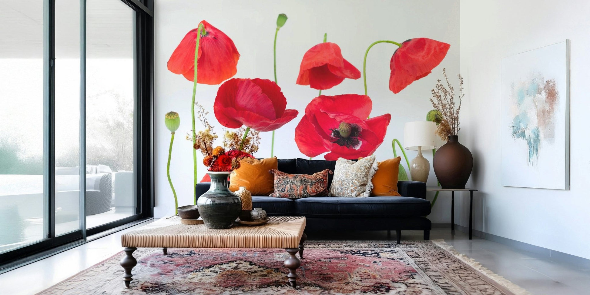 Crimson Poppy Field wallpaper for walls depicting organic floral arrangement and stems.