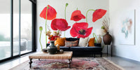 Crimson Poppy Field wallpaper for walls depicting organic floral arrangement and stems.
