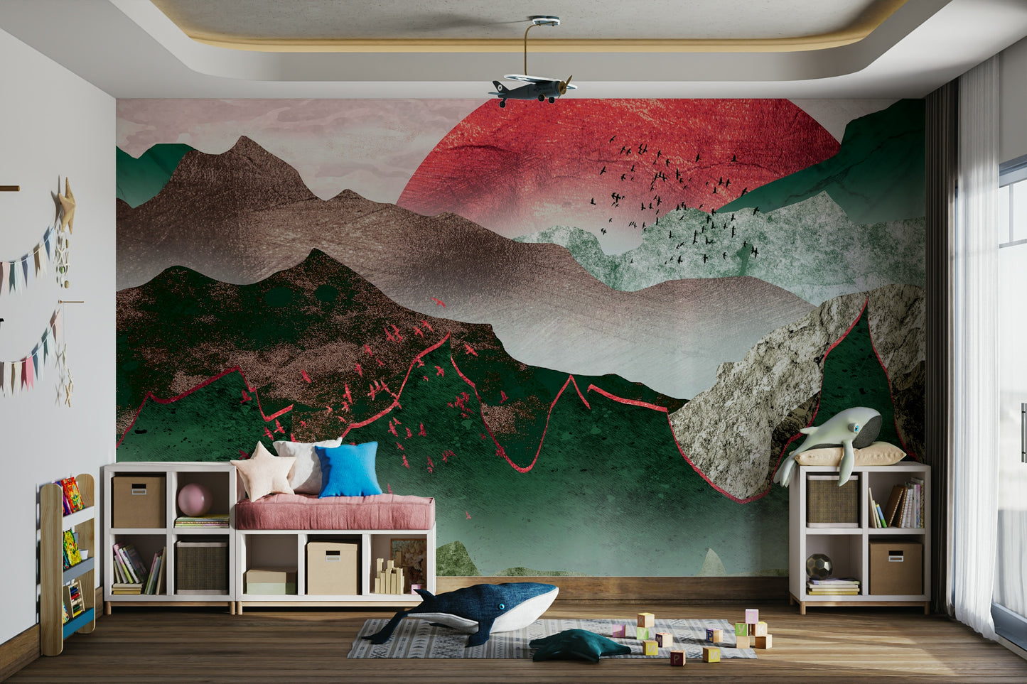 Close-up of the textured finish on a Crimson Sunset Over Misty Mountains wall mural.