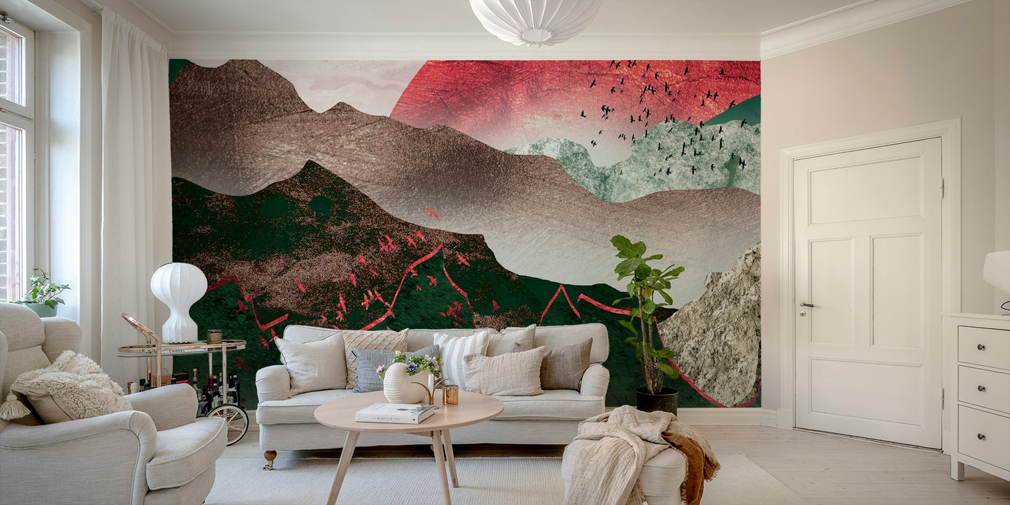 Large-scale mountain vista wallpaper for a spacious dining area in a city flat.