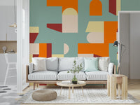 Crisp Air and Warmth wall mural with overlapping geometric shapes in soft, contemporary hues.