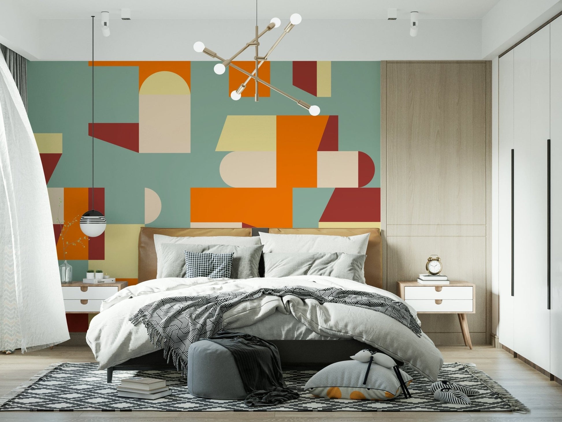 Abstract geometric wall mural with artistic shapes reflecting modern simplicity and comfort.