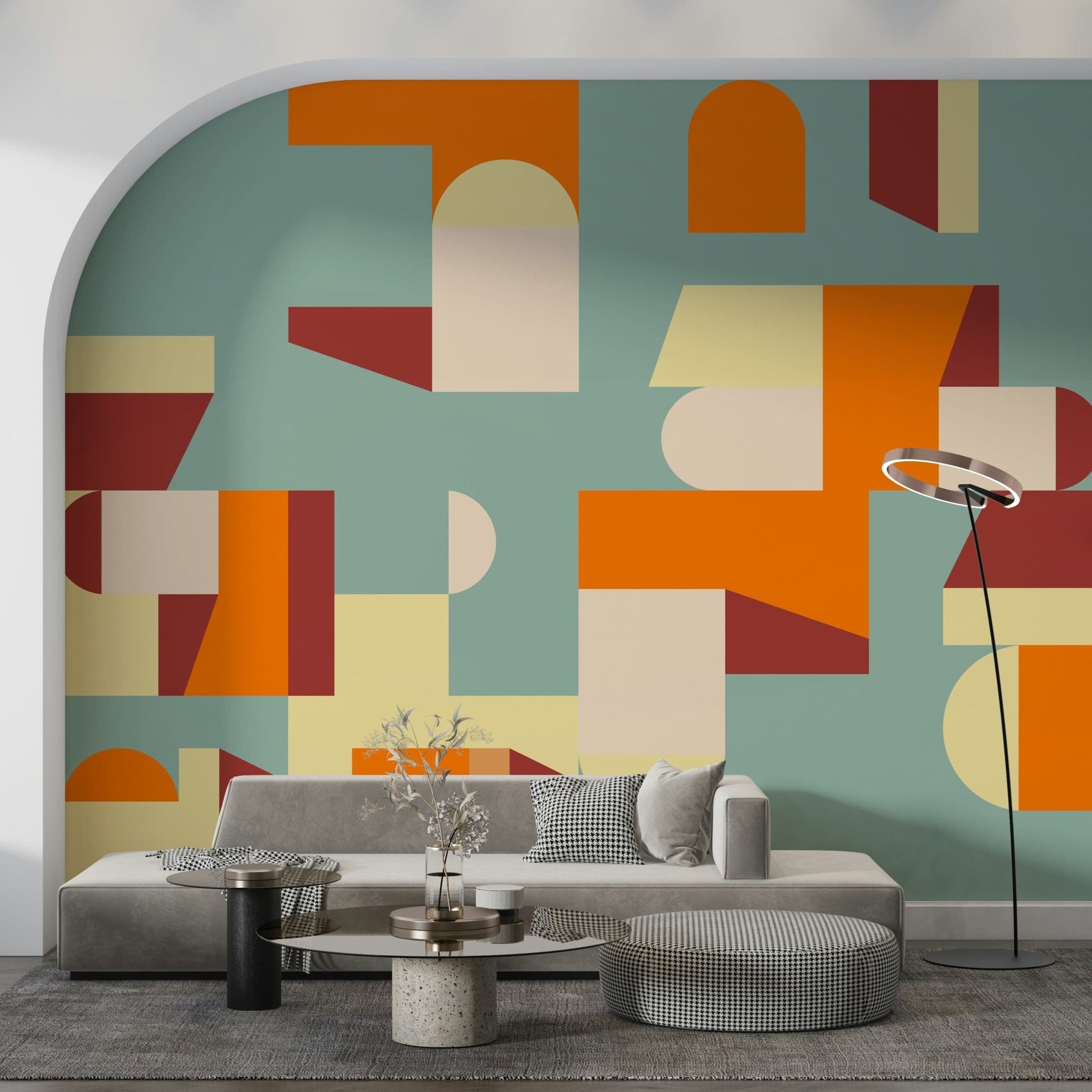 Modern abstract geometric wall mural featuring cool and warm tones for a balanced interior look.