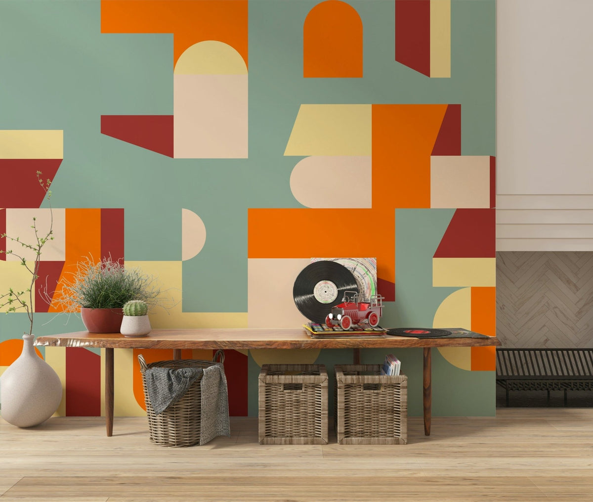 Minimalist geometric wallpaper with abstract forms inspired by warmth and freshness.